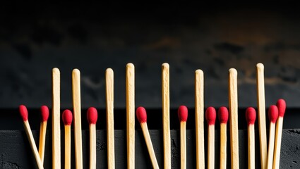 matches, red tips, wooden sticks, aligned, organized, dark background, macro photography, symmetry, repetition, fire hazard, flammable objects, striking surface, close-up, panoramic composition, minim