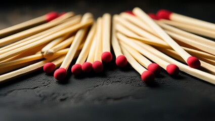 matches, red tips, wooden sticks, aligned, organized, dark background, macro photography, symmetry, repetition, fire hazard, flammable objects, striking surface, close-up, panoramic composition, minim