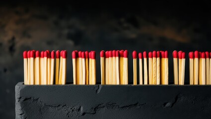 matches, red tips, wooden sticks, aligned, organized, dark background, macro photography, symmetry, repetition, fire hazard, flammable objects, striking surface, close-up, panoramic composition, minim