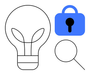A light bulb lock and magnifying glass in a minimalist vector style. Ideal for innovation creativity security research and problem-solving themes. Simple lines and primary blue colors focus on the