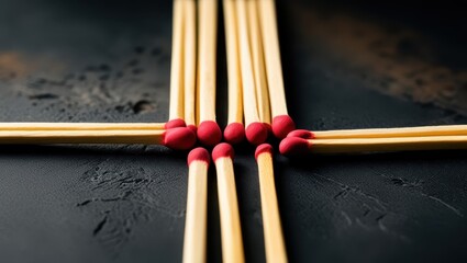 matches, red tips, wooden sticks, aligned, organized, dark background, macro photography, symmetry, repetition, fire hazard, flammable objects, striking surface, close-up, panoramic composition, minim