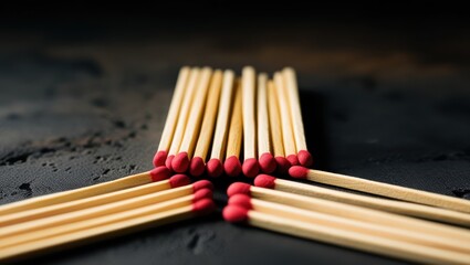 matches, red tips, wooden sticks, aligned, organized, dark background, macro photography, symmetry, repetition, fire hazard, flammable objects, striking surface, close-up, panoramic composition, minim