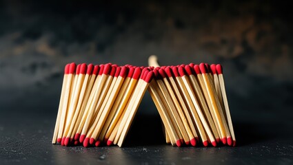 matches, red tips, wooden sticks, aligned, organized, dark background, macro photography, symmetry, repetition, fire hazard, flammable objects, striking surface, close-up, panoramic composition, minim
