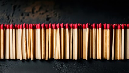 Naklejka premium matches, red tips, wooden sticks, aligned, organized, dark background, macro photography, symmetry, repetition, fire hazard, flammable objects, striking surface, close-up, panoramic composition, minim