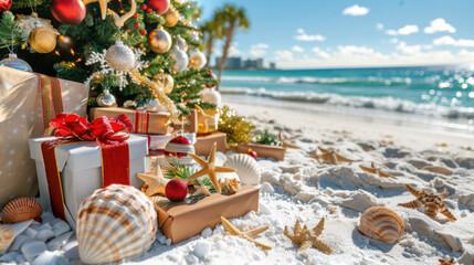 tropical Christmas tree by beach, adorned with festive decorations and surrounded by beautifully wrapped gifts, creates joyful and serene holiday atmosphere