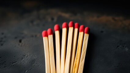 matches, red tips, wooden sticks, aligned, organized, dark background, macro photography, symmetry, repetition, fire hazard, flammable objects, striking surface, close-up, panoramic composition, minim