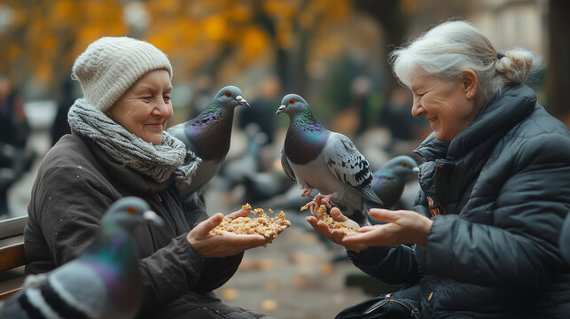 Old ladies on a park bench feeding pigeons with breadcrumbs: Each woman holds a handful of breadcrumbs with five fingers visible, tossing pieces to the pigeons gathered around. The