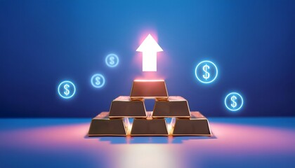 3D rendering of a gold bar with an inflation symbol floating upwards. Indicates the impact of inflation.