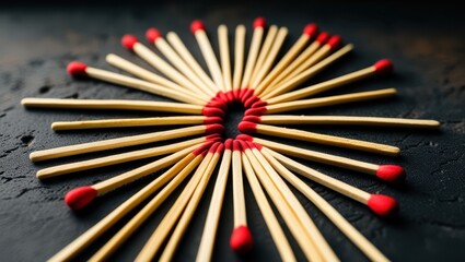 matches, red tips, wooden sticks, aligned, organized, dark background, macro photography, symmetry, repetition, fire hazard, flammable objects, striking surface, close-up, panoramic composition, minim