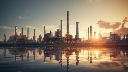 Naklejka premium Industrial refineries transform energy production at sunset