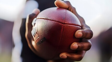 A close-up of a football player's hand gripping the ball tightly before a throw