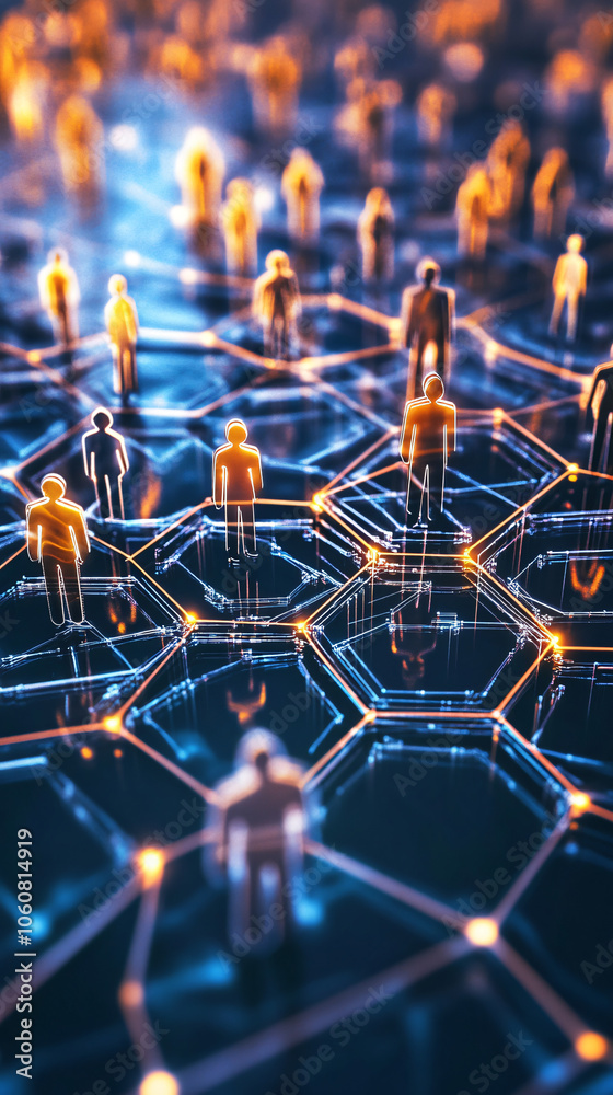 Leinwandbilder Business people figurines standing on glowing network nodes representing a complex and interconnected global communication network