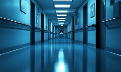 Fototapeta premium Empty hospital hallway with blue lighting.