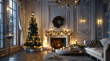 Christmas Evening by Candlelight: A classic apartment decorated for Christmas, featuring a white fireplace, a beautifully decorated tree, a cozy sofa, large windows