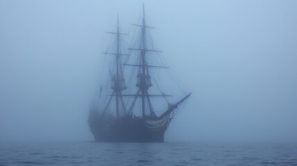 Fototapeta premium Ghostly Tall Ship Silhouetted in Misty Ocean Seascape