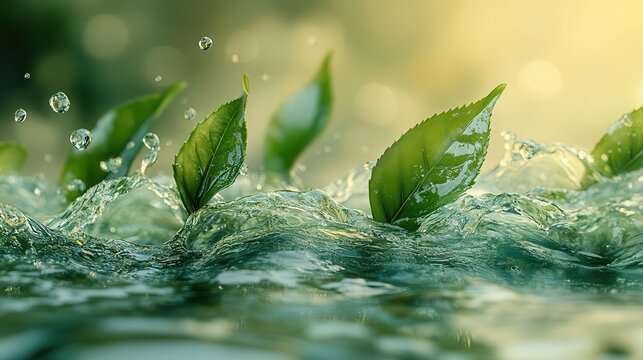 dynamic splash of green herbal tea with leaves floating amidst vibrant waves creating an energetic sense of freshness and natural essence emphasizing a refreshing drink experience
