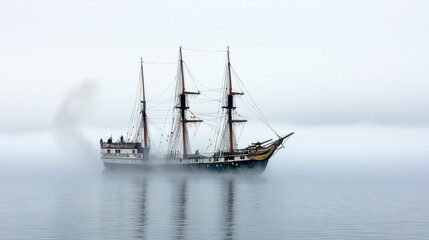Obraz premium Majestic Tall Ships Sailing Through the Misty Waters