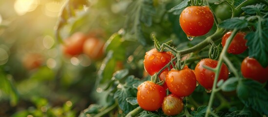 Ripe red tomatoes on the vine in a garden. Growing tomatoes. Gardening, agriculture, harvest, and healthy eating concept.