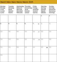 multilingual calendar of March 2025 in English German French Italian Spanish
