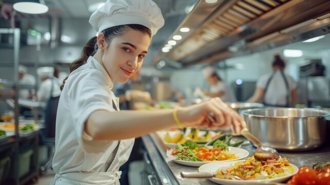 Female chef leading a bustling kitchen scene, surrounded by chefs in action. Cooking, plating, and teamwork create a warm and lively professional environment.