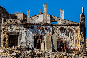 Abandoned ruins of the ghost town of Craco. A city abandoned due to an earthquake in the late 20th century. Province of Matera, Basilicata, Italy