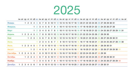 Calendar template in Russian for 2025. Yearly planne