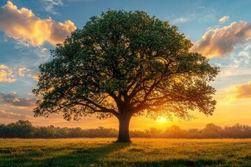 Obraz premium A solitary oak tree stands tall against a golden sunset sky in a field of green grass.