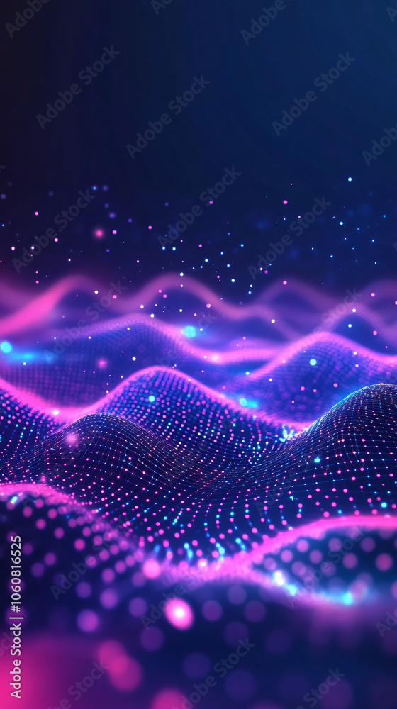 Poster Mesmerizing abstract background with vibrant blue and pink particles in a wave shape, exuding a futuristic and modern feel, perfect for graphic projects