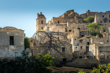 Abandoned ruins of the ghost town of Craco. A city abandoned due to an earthquake in the late 20th century. Province of Matera, Basilicata, Italy