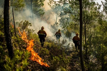 firefighters in the forest. a lot of smoke and fire