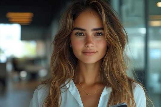 dynamic young latin woman confidently holding a digital tablet while standing in a modern corporate office radiating professionalism and creativity in her role