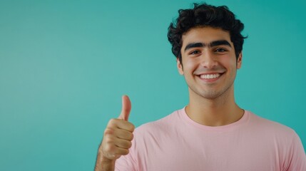 A person showing approval with a thumbs up, wearing a bright pink shirt