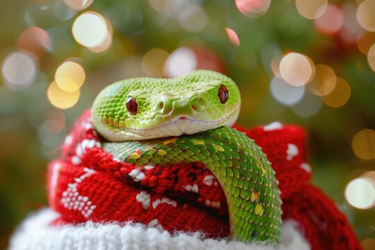 A green snake is coiled around a red and white scarf, showcasing its slithery form