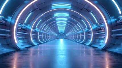 Fototapeta premium Futuristic metallic hallway with glowing blue neon lights. Concept for technology, science fiction, gaming, metaverse and virtual reality