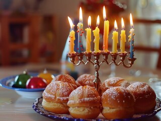 Hanukkah celebration with traditional donuts and menorah candles, vibrant colors, warm ambiance creating a festive atmosphere for holiday gatherings and family moments