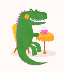 Cute Crocodile Sitting At a Cafe Table With a Cup Of Tee. Funny Hand Drawn Alligator on a Light Beige Background. Happy Croc Drinking Tee. Nursery Vector Art with Lovely Dinosaur. Tee-Rex.