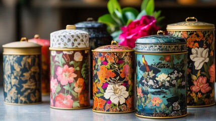 Fototapeta premium Selection of Exotic Teas in Decorative Tins, Aesthetic Tea Collection