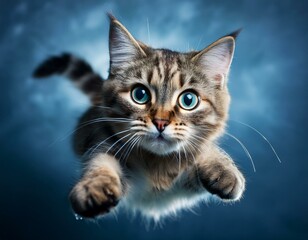 Obraz premium Cat with front paws in the air looking straight ahead with its gaze fixed