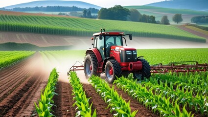 Fototapeta premium Vibrant red tractor in lush green field, expansive rural landscape, rolling hills, misty morning atmosphere, golden sunrise, precision farming, agricultural machinery, corn rows, fertile soil, idyllic