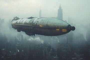 Retrofuturistic airship flying over foggy cityscape