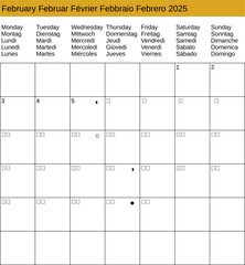 multilingual calendar of February 2025 in English German French Italian Spanish