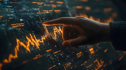 Finger interacting with digital data visualization on a screen