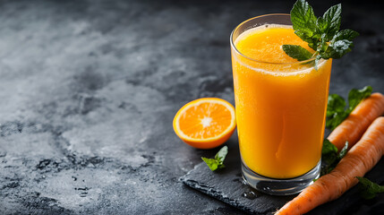 A single glass of orange juice on a dark, textured background with fresh orange slices and leaves placed beside it.