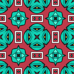 Seamless multicolored pattern with original decorative elements. Green-crimson palette. Vector illustration