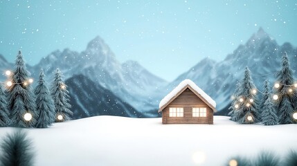 Fototapeta premium Wooden lodge by snowy mountains, holiday decorations, Remote winter retreat