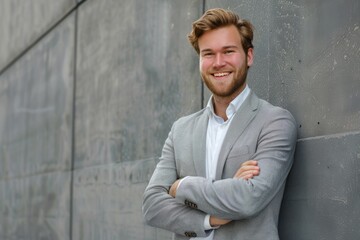 A man in a suit leaning against a wall, great for professional or corporate use