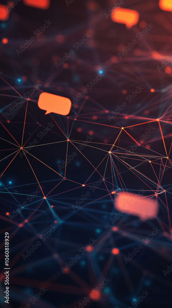 Fototapete Visualizing communication: data transfer via speech bubbles in a network of nodes