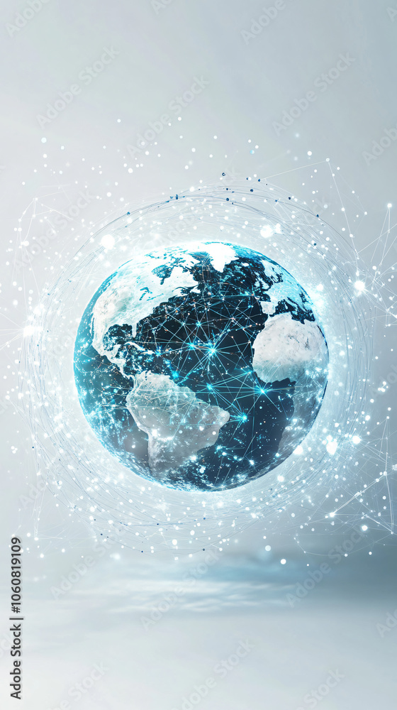 Poster planet earth is glowing with data connections flowing between continents and cities