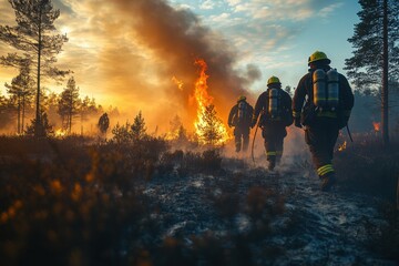 Fototapeta premium firefighters in the forest. a lot of smoke and fire