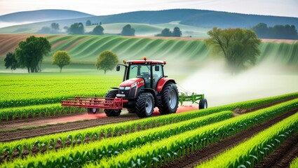 Fototapeta premium Vibrant red tractor in lush green field, expansive rural landscape, rolling hills, misty morning atmosphere, golden sunrise, precision farming, agricultural machinery, corn rows, fertile soil, idyllic